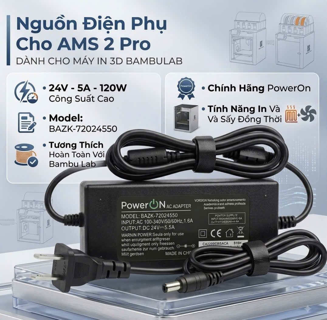 Nguồn Phụ Bambu Lab AMS 2 Pro 24V 5A 120W - Adapter PowerON Cao Cấp Cho Máy In 3D Bambulab P1S/P2S/X1C/X2D/H2 Series